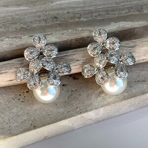 NEW ~ Anthropologie, BHLDN, Gemelli "Shirley" Pave Flower Pearl Stud Earrings